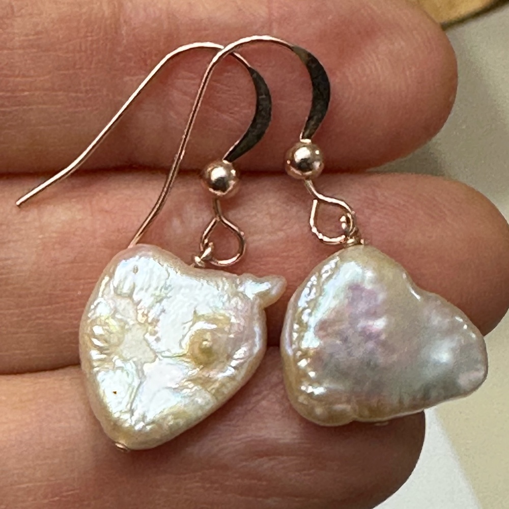 Heart Shaped REAL Pearl Earrings - 14K ROSE Gold Filled Wires